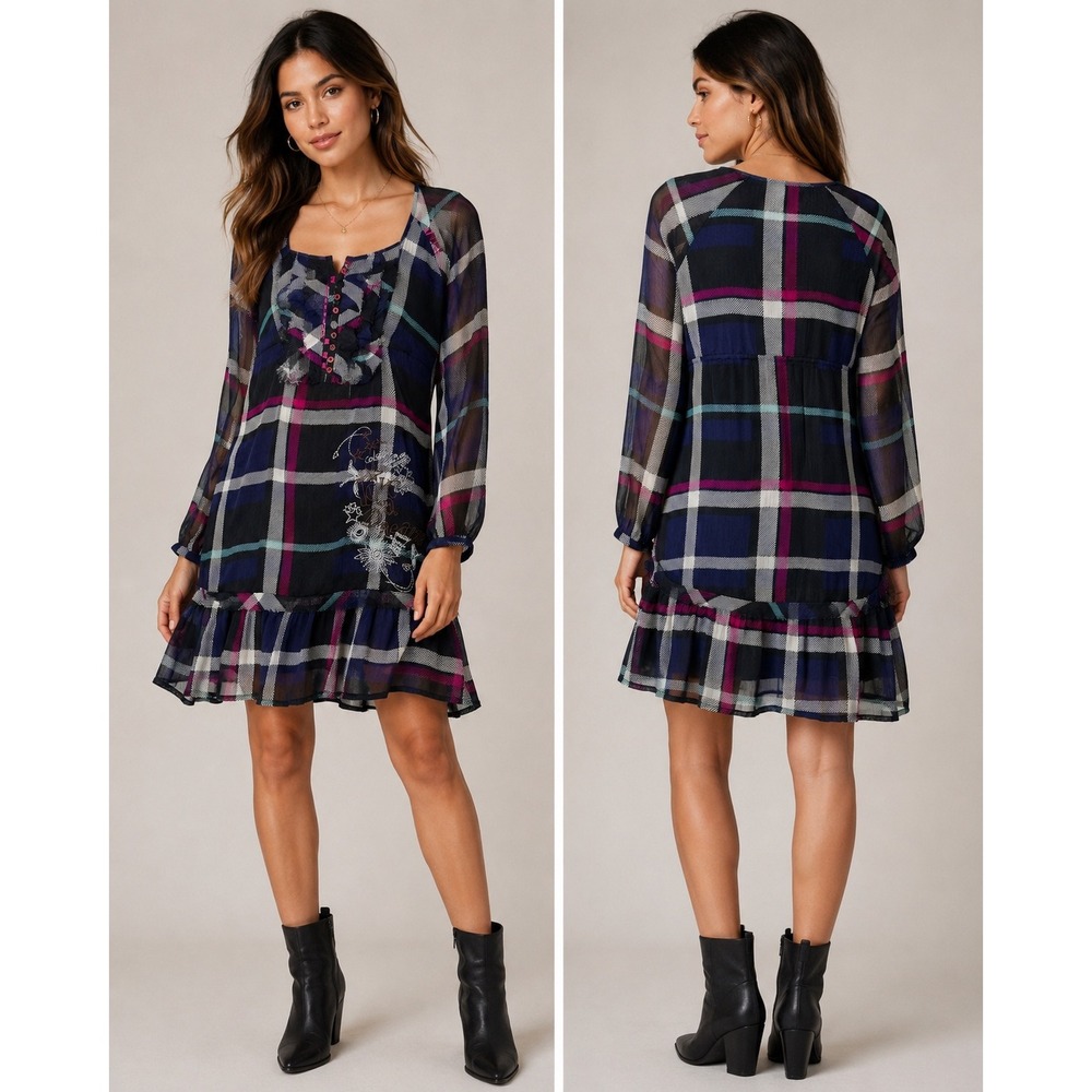 NWT Desigual Embroidered Dress 36 XS Plaid‎ Applique Boho Artsy Eclectic Ruffle
